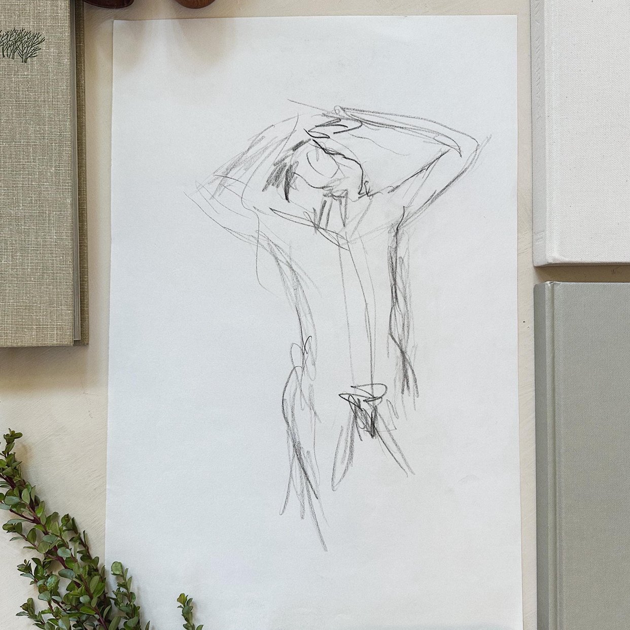 Original Unframed Vintage Charcoal Outstreched Nude Arrwork 1960s