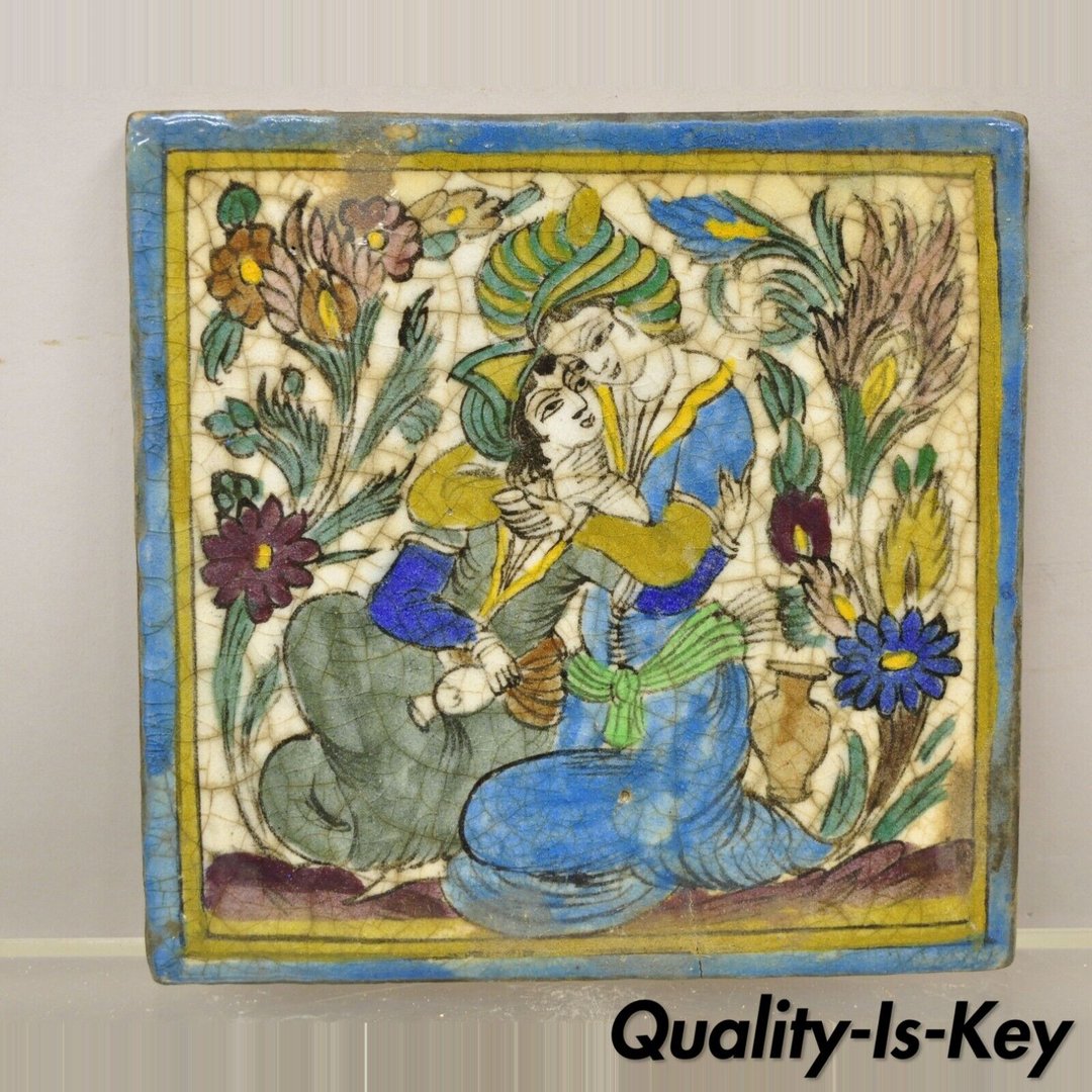 Antique Persian Iznik Qajar Style Ceramic Pottery Square Blue Tile