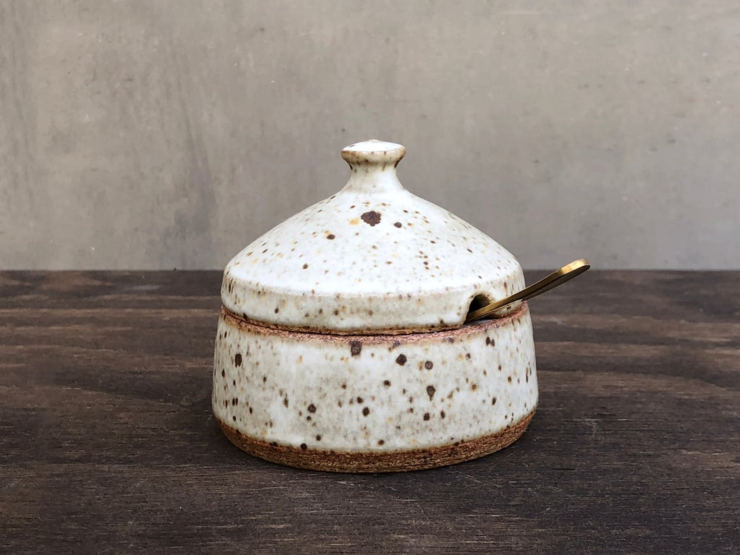 Ceramic Salt Cellar With Lid Spoon Opening Matte Speckled Stone