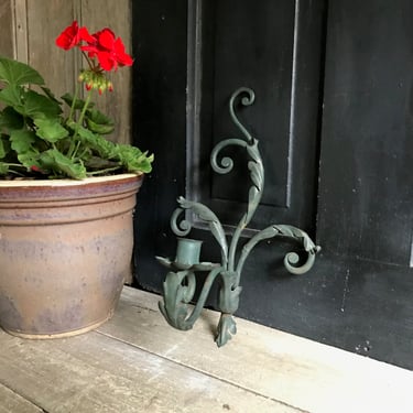 Rustic French Iron Candleholder, Wall Sconce, Green, Scroll Floral Design, Garden Patio Decor, Rustic Farmhouse 