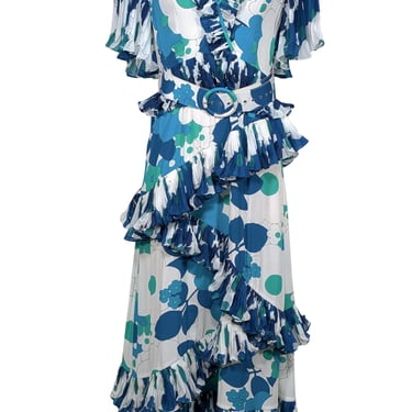 Celia B - White, Blue, & Green Floral Print Pleated Ruffle Maxi Dress Sz M