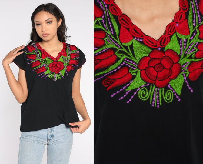 Black Embroidered Blouse Mexican Top Y2K Floral Rose Print Cotton Top Boho Hippie Shirt 00s Bohemian Vintage Tent Shirt Summer Small S 