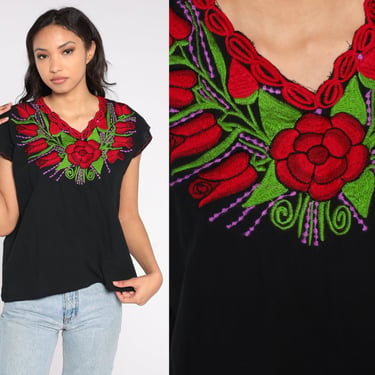 Black Embroidered Blouse Mexican Top Y2K Floral Rose Print Cotton Top Boho Hippie Shirt 00s Bohemian Vintage Tent Shirt Summer Small S 