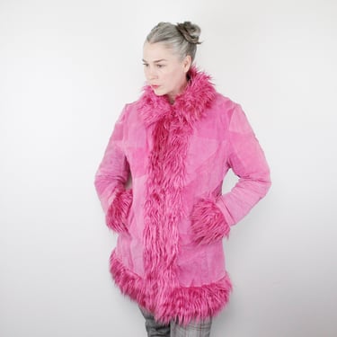 Vintage 90's Suede Patchwork Coat, faux fur trim, quilted lining, PINK - Rave Brand 