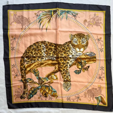 Salvatore Ferragamo Rare Lounging Leopard Pink &amp; Grey Silk Scarf 1970s 34&quot; x 34&quot;