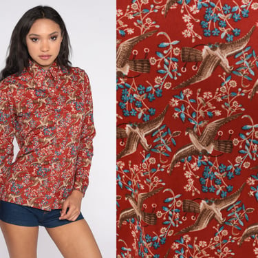 Floral Bird Blouse Floral Top 70s Novelty Blouse Rust Red Disco Shirt Boho 1970s Hippie Dagger Collar Long Sleeve Vintage Medium 