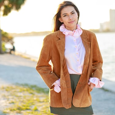 80s Light Caramel Brown Suede Jacket Vintage Oversize Long Sleeve Blazer 