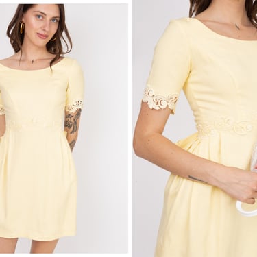 Vintage 1960s 60s Lemon Yellow Cotton Mini Dress w/ Crochet Trim, Bow Detail, Capped Sleeves 