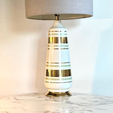 Midcentury ceramic/porcelain striped lamp in cream, shiny gold and sage green stripes 