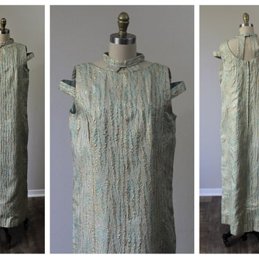 Vintage 1960s 70s gold silver Aqua lame metallic damask Cold Shoulder Dress Gown Cut Out evening Maxi Dress  // modern medium large US 8 10 