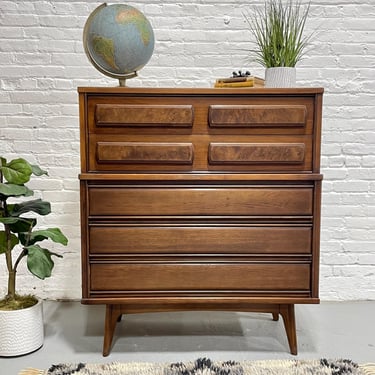 Mid Century MODERN Walnut DRESSER Burled Drawers by United Furniture Co., c. 1960's 