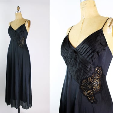 70s Black Lily of France Full Slip Dress / Black lace slip / Vintage lingerie / Wedding Nightgown / Size S/M/L 