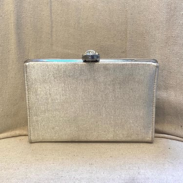 Vintage SILVER LAME Clutch Purse / Evening Bag / Chunky Crystal Clasp 