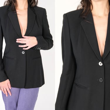 Vintage 90s Donna Karan Black Label Rayon & Wool Gabardine Two Button Blazer | Made in USA | 1990s DKNY Designer Tailored Womens Jacket 