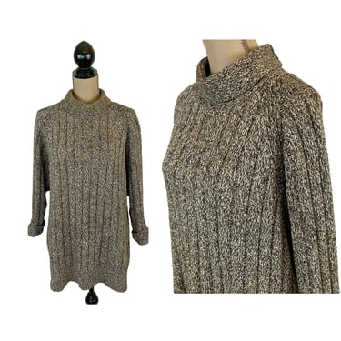 90s Mottled Brown Oversized Turtleneck, Ribbed Knit Long Tunic Sweater, Wool Blend Fall Winter 1990s Clothes Women Vintage Clothing LIZ & CO 