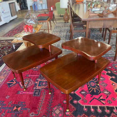 Mid Century Cherry Wood Side Step End Tables by Gordons Fine Furniture