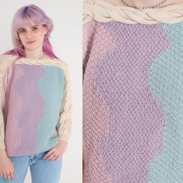 Pastel Cable Knit Sweater 90s Boatneck Sweater Peruvian Alpaca Color Block Boho Boat Neck Purple Pink Blue Cableknit Vintage 1990s Small S 