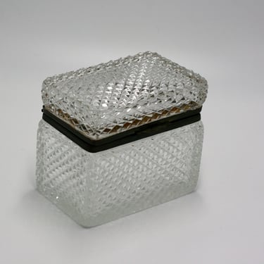 vintage diamond point glass box with brass trim 