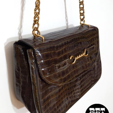 So Chic Vintage 60s 70s Brown Alligator Style Vinyl Statement Purse with Gold Chain 