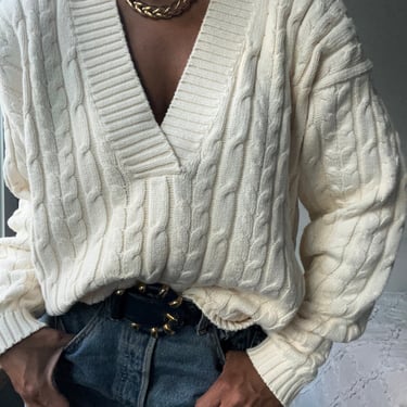 vintage deadstock pure cotton deep v cablenit sweater 