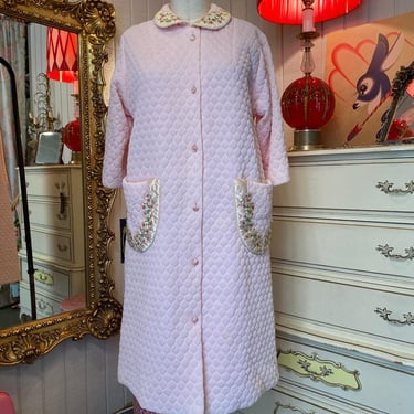 vintage 1960s pink quilted house coat evelyn pearson embroidered pockets robe m 