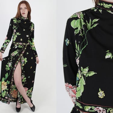 Vintage 70s Maurice Black Floral Dress / Asian Flower Print Jersey Dress 