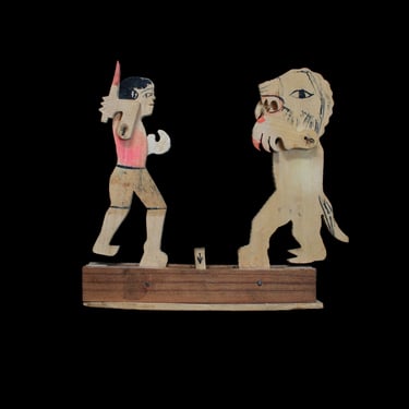 1920s Handmade Action Toy / 20s Antique Folk Art Mechanical Wooden Lion Slayer Flapper 