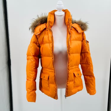 Andrew Marc Down Orange Ski Jacket with Real Fur Lined Hood Sz L 