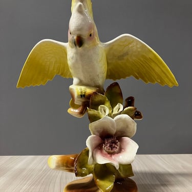 California Pottery Ceramic Tropical Cockatoo on Hibiscus Branch Statue 