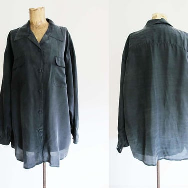Vintage 90s Black Silk Long Sleeve Blouse L XL - Washed Silk Collared Button Flap Oversized Top 