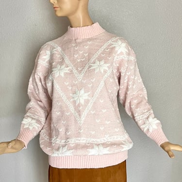 Vintage Ski Sweater, Snowflake, Pink Silver Lurex, Pull Over Chunky Knit, 70s 80s 