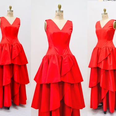 80s 90s Vintage Red Ball Gown Dress Small Rose Taft// 80s 90s Vintage Prom Party Dress Evening Gown Red Ball Gown Dress Ruffle Party Dress 
