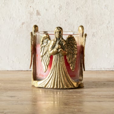 Brass Angel Candle Holder, Vintage Glass Votive & Candle, Christmas Holiday Decor 