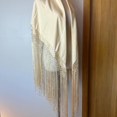 Vintage All Silk fringed shawl~ off white ivory-cream color Large size  long lacy fringe~ Piano shawls 1920’s flapper style 