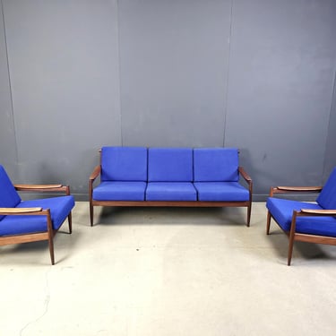 Mid century scandinavian sofa set, 1960s - mid century sofa set - vintage living room set - blue fabric sofa set - wooden sofas 