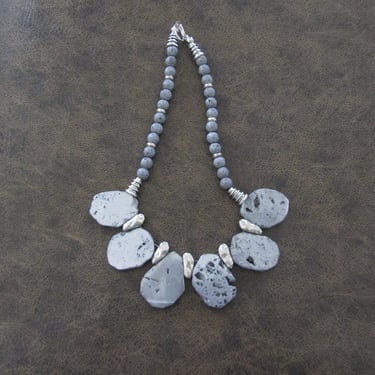 Electroplated slab stone statement necklace, chunky silver necklace 