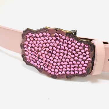 Y2K 2000s Pink Rhinestone Leather Belt Pink Crystal Belt Buckle Pink Leather Belt Size Small Medium Pink Rhinestone cowgirl Belt 33-37" 