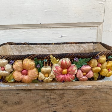 Vintage Bread Basket With Raffia Flowers, Made In Philippines, Small Rectangular Basket, Sweetbread Basket, Entertaining, Housewarming Gift 