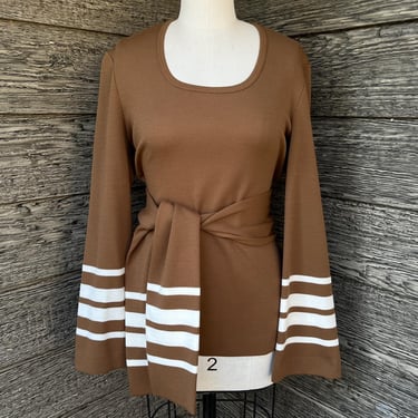 brown bell sleeve sweater 1970s boho stripe hippie knit pullover large 