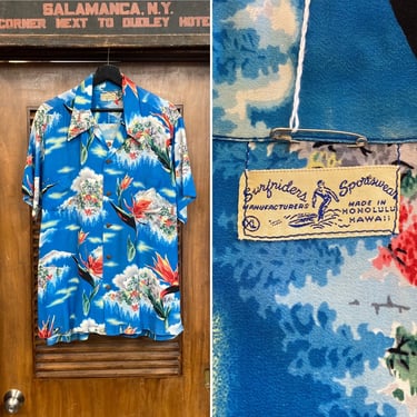 Vintage 1940’s Size L “Surfriders” Label Asian Floral Crepe Hawaiian Shirt, Matching Pockets, as-is, 40’s Vintage Clothing 
