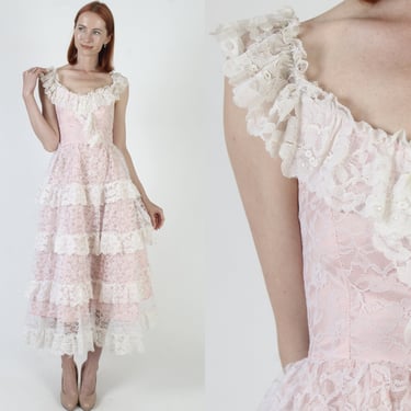 Barbiecore Tiered Lace Prom Dress / Full Skirt Prairie Saloon Gown / Vintage Pale Pink Historical Period Outfit 