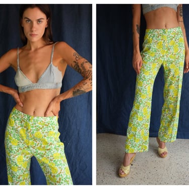 1960's Cotton Pants / Novelty Lilly Pulitzer Printed Trousers / Sixties Seventies Cropped Flare Pants / 1970's Haute Hippie Trousers 