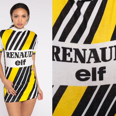 Renault Cycling Shirt 80s French Racing Jersey Striped Bike Elf Aquitaine Graphic Tee Bicycle Retro Sports 1980s Vintage Yellow Black Small 