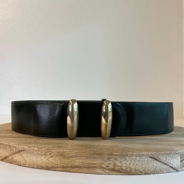 Ginnie Johansen Dark Green Vintage Leather Wide Golden Embellished Belt Size S 
