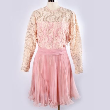 Jack Bryan Pink Designer Evening Party Gown Dress Vintage 1960's, 1970's Knife Pleat Chiffon with Curly Hem Full Skirt, Beaded Lace Mod gogo 