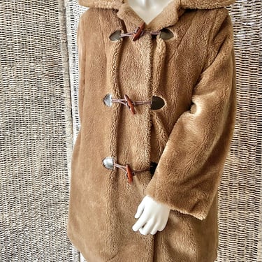 FABULOUS Faux Fur Coat, Hood Jacket, Wood Toggle Buttons, Sears Fashions, Vintage 60s 70s 