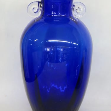 Murano Style Cobalt Blue Glass Clear Scroll Handles Amphora Shaped Vase 3104B