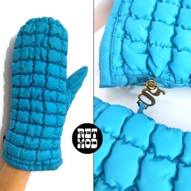 Puffy Vintage 70s Turquoise Blue Quilted Insulated Mittens 