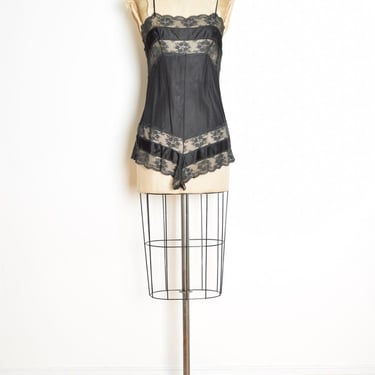 vintage 80s teddy black nylon lace lingerie romper one piece bodysuit S clothing 