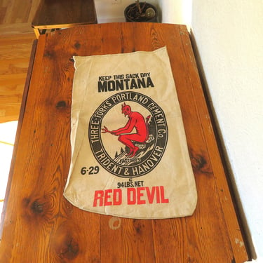 Vintage 30's Red Devil Portland Cement Bag Three Forks Montana Trident & Hanover Devil Logo 